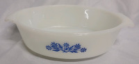 Vintage Fire King Blue Corn Flower Milk Glass Oval Casserole Dish 433 , 1.5 Qt.