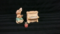 Vintage Pendelfin Figurines Piano with Plant + Piano Playing Bunny 3 to 4 inches tall