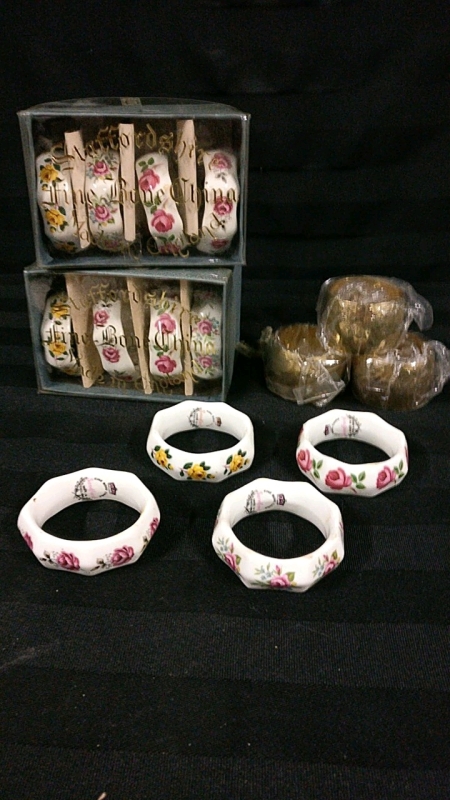 3 Sets Porcelain Staffordshire Napkin Rings + 3 Gold Tone