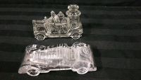 2 Vintage Glass Firetruck & Car Candy Holders 5 & 6 inches long