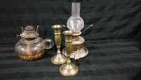 2 Vintage Small Oil Lamps & 2 Brass Candlesticks 5 to 8 inches tall