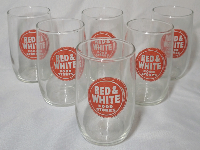 Vintage Red & White Food Stores 4" Glasses . Set of 6 , no chips or cracks