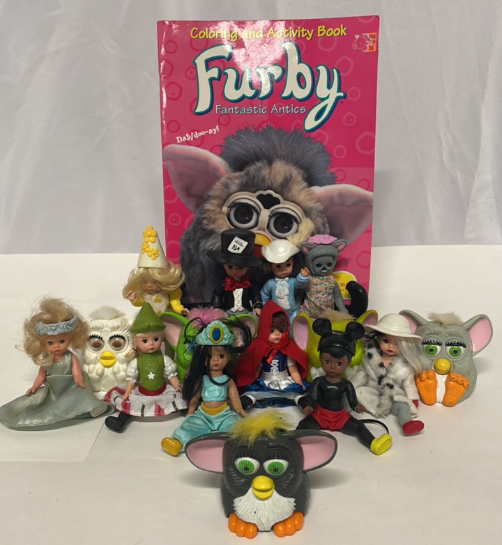 Vintage Furbys and colouring book and vintage madame Alexander toys