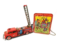 Vintage Tin Toys: Mattel Monkey & Organ Grinder Merry Music Box & STI Fire Truck