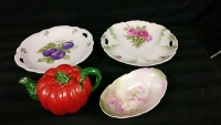 Vintage Cake Plates Candy Dish & Retro Tomato Teapot Hand Painted