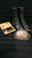 Vintage Lady's Leather Boots Hair Pins & Made in France Tapestry Purse