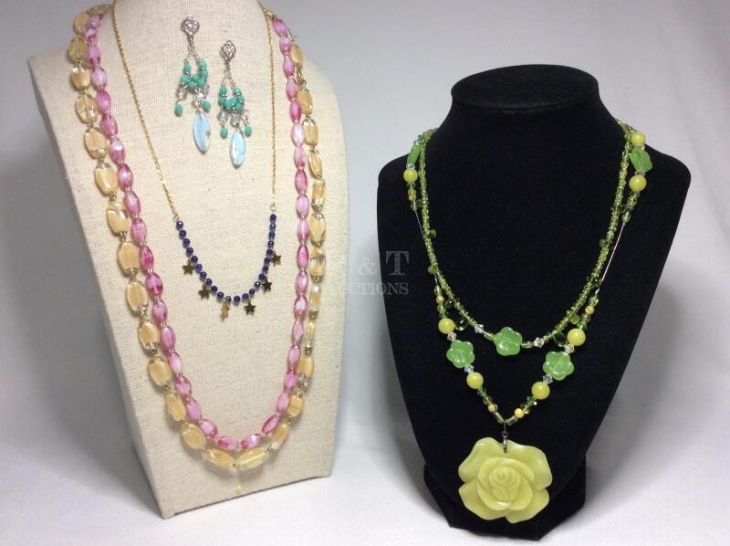 Vintage Carved Jade Rose Necklace + Glass Bead Necklaces Earrings