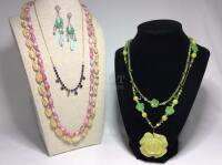 Vintage Carved Jade Rose Necklace + Glass Bead Necklaces Earrings
