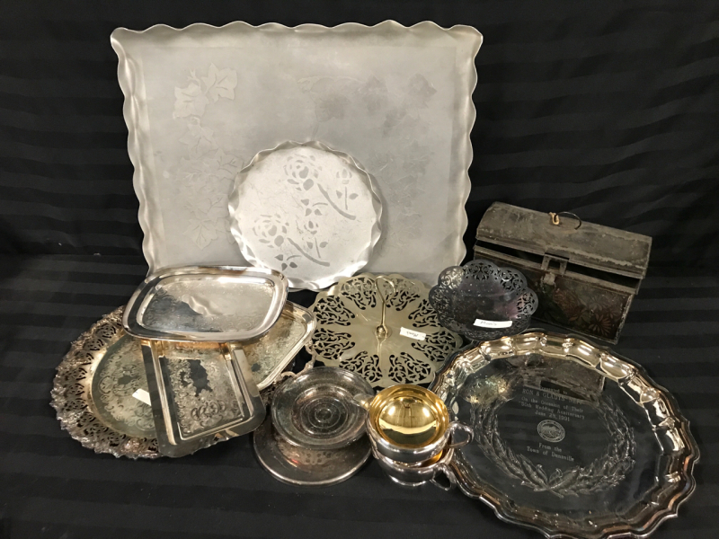 Silver Plate & Metal Trays Assortment 14 pcs