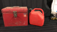 Red Jerrycan 5L & Mastercraft Steel Toolbox with some tools 14 x 10 x 10 inches