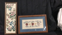 2 Framed Needlepoints Teachers 19 x 12 & Blue Birds 8 x 12 inches