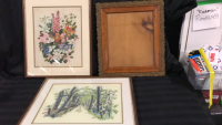 2 Framed Thread Art Pitchers & Vintage Frame