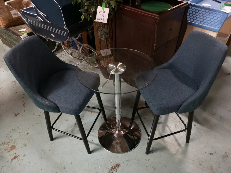 Glass Top Height Adjustable Table & 2 Bar Chairs