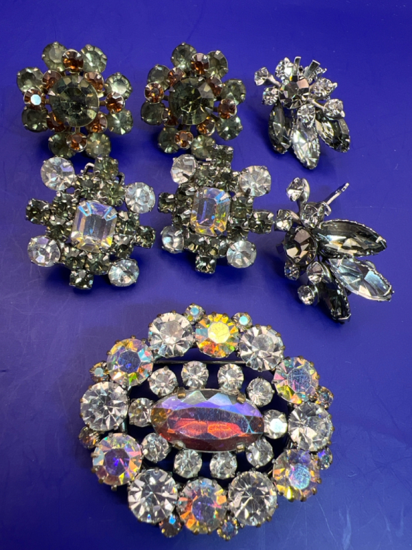 Vintage Rhinestone Brooch and Beautiful 3 pair Earrings