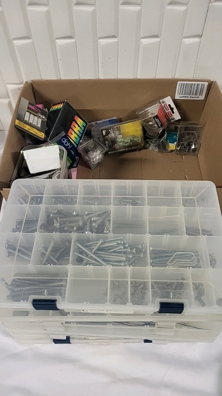 Box Filled with Various Hardware + 6 Divider Bins