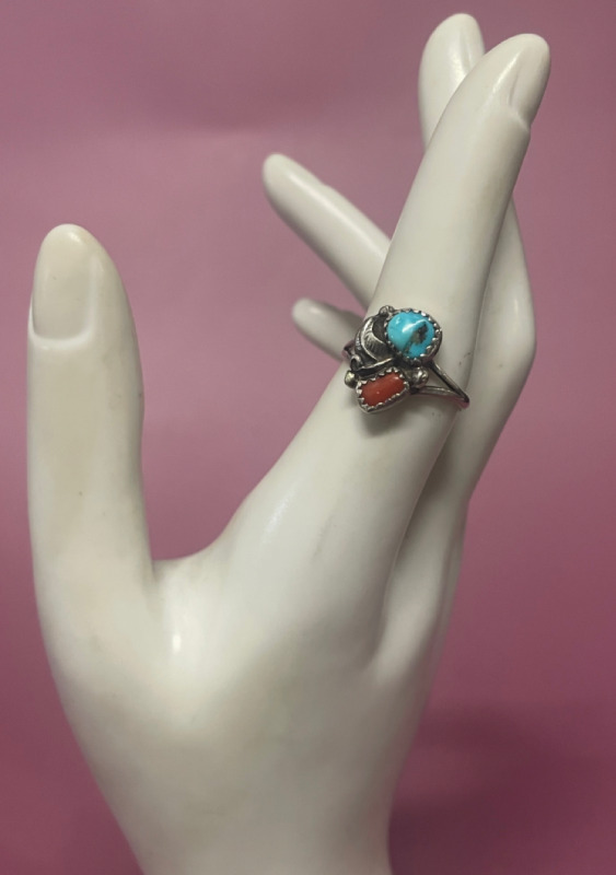 Southwest Sterling Turquoise Coral ring size 7