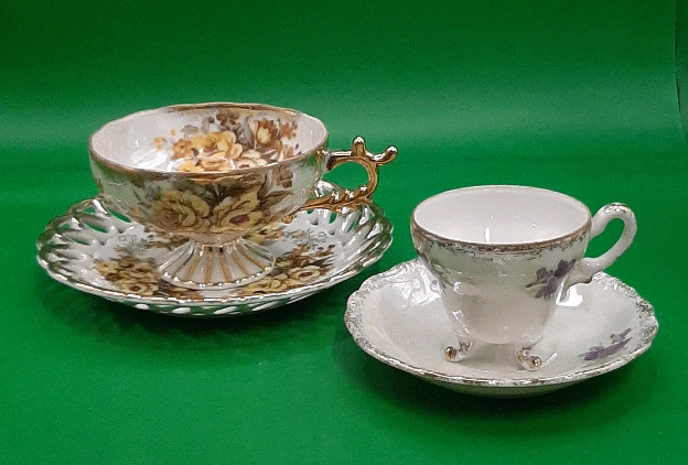 Vintage Castle Footed Teacup and Saucer and Footed Demitasse Cup and Saucer