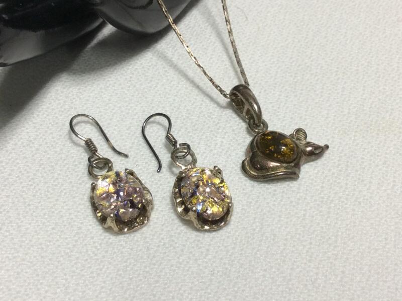 Sterling Silver Chain + Amber Pendant & Sterling Silver Earrings
