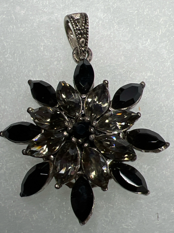 925 Sterling Snowflake Pendant Black and Clear Rhinestones