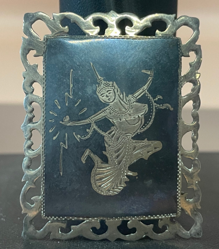 Vintage Siam Silver Nielloware Rectangular Brooch Depicting Mekkala Goddess of Lightning