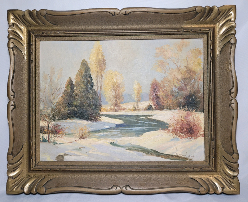 " Winter River Scene " by William Stanley , Listed Canadian Artist . 20 3/4"×16 3/4