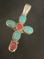 Southwestern 925 Sterling Turquoise Coral Cross