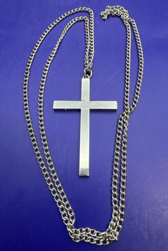 RHA Sterling Silver Cross and Chain. Cross is 1.75 inches and chain is 24 inches. Cross is high polish Sterling in a classic design. Cross stamped on side of cross bottom.