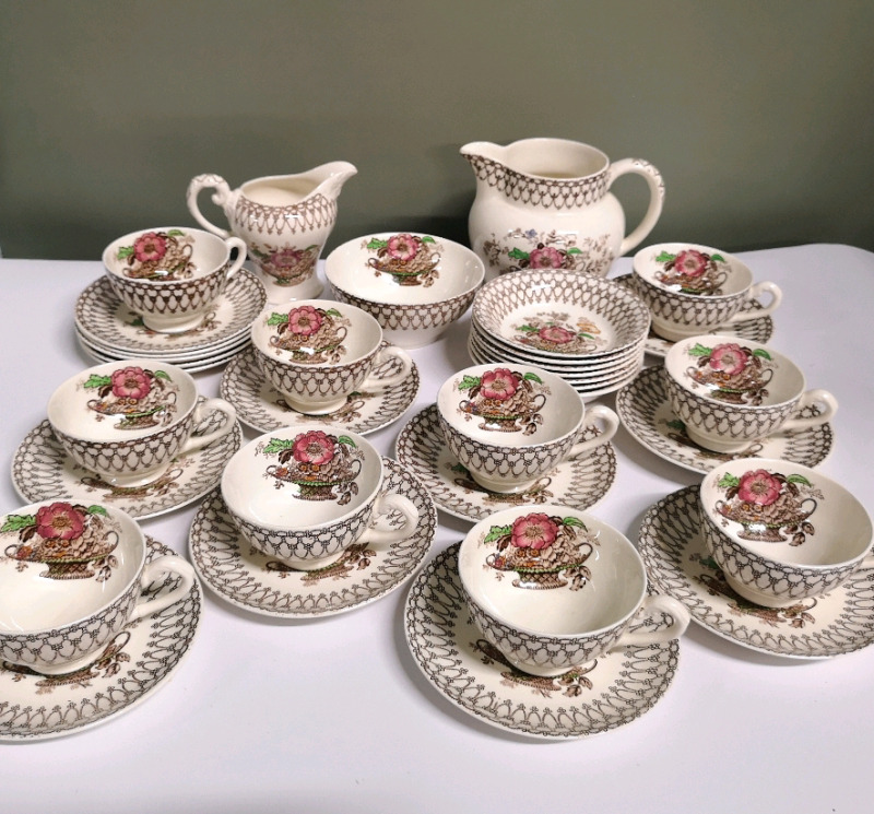 Vintage Myott, Son & Co. Teacups & Saucers, Sugar, Creamer + Pitcher - Bonnie Dundee