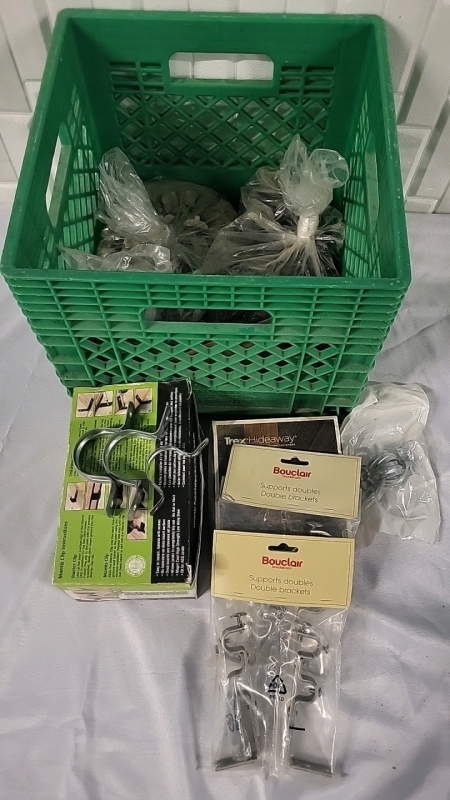 Lot of Fasteners , Clips & Brackets + Milk Crate