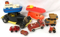 Vintage Toy Vehicles: Lionel Star "Top Boy" Firetruck, Mattel Wood Tricycle, Gay Toys Van & Boat, Firey Fred from Hallmark