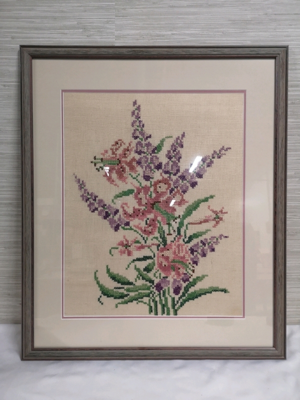 Vintage Framed Stitch Art - Floral