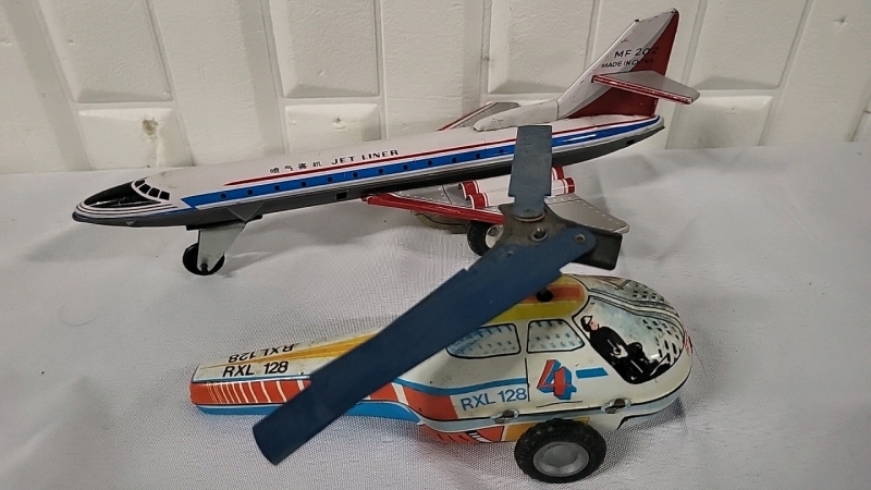 2 Vintage Tin Friction Toys - Airplane & Police Helicopter