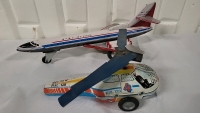 2 Vintage Tin Friction Toys - Airplane & Police Helicopter
