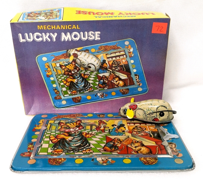 Vintage Mechanical Lucky Mouse Tin Toy with Box and Key Made in India
