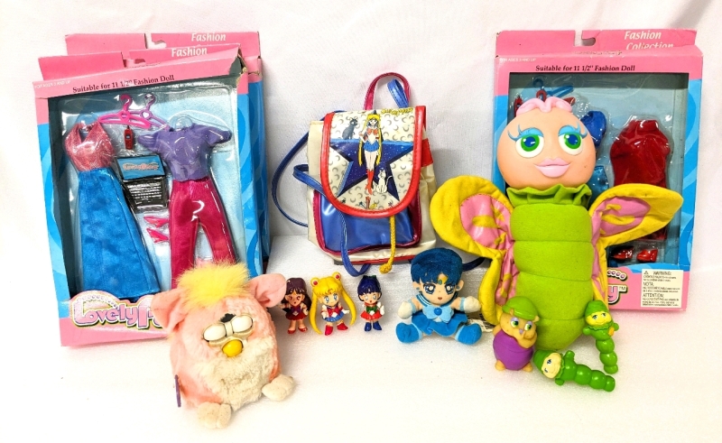 Vintage Sailor Moon, Glow Worm, Original Furby and 3 New Sets of Fashion Clothes for 11.5" Dolls