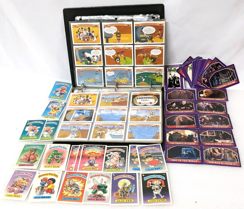 TOPPS Looney Tunes Baseball Cards in Binder (Series 1), 1985 Garbage Pail Kids Sticker Cards & 1991 The Addams Family Collectable Cards
