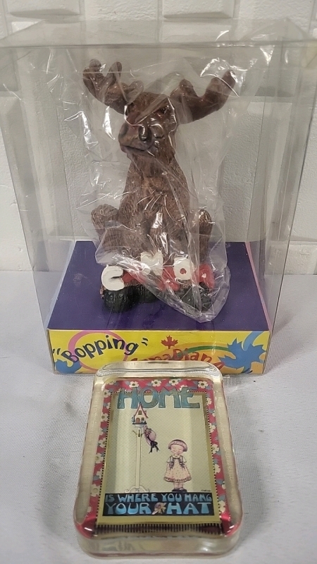 Wobbly Head Moose Figure & Glass Paperweight