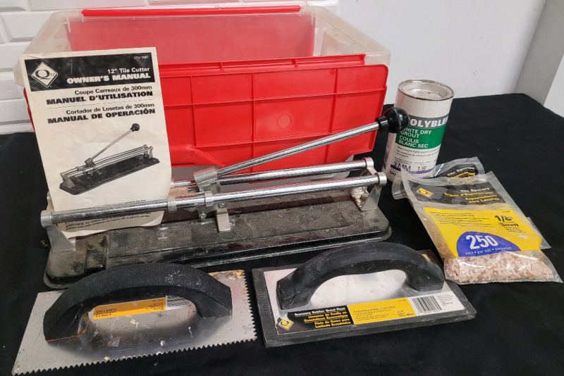 12" Tile Cutter , 1/8" Tile Spacers , White Dry Grout , Grout Float Trowel , Notched Trowel , Bin