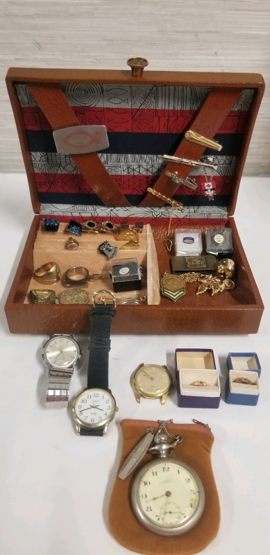 Vintage men's jewelry box with contents