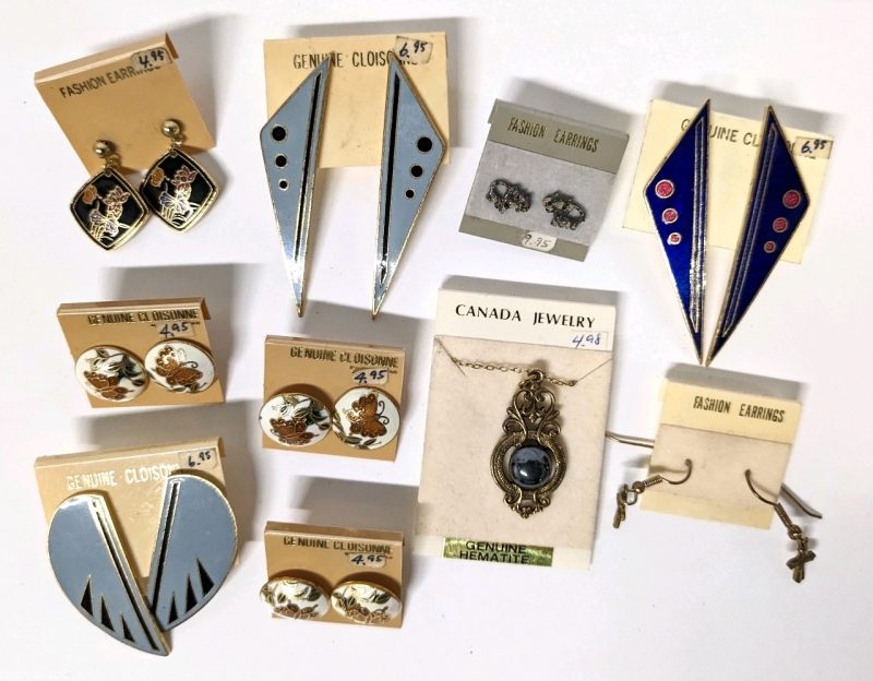 10 Pieces Vintage New Old Stock Jewelry: Cloisonne Earrings, Hematite Pendant, Crosses & Tiny Elephants