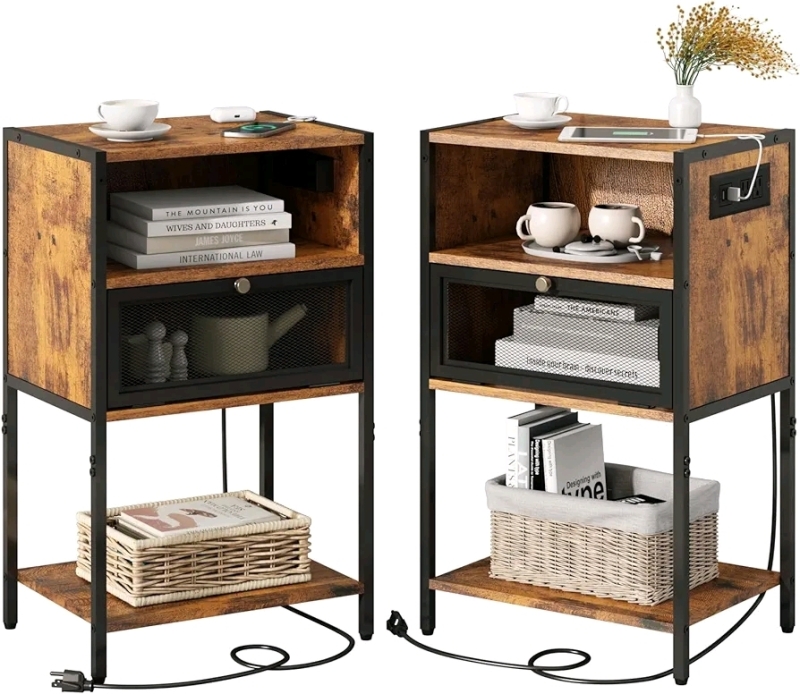 SOOWERY Nightstand with Charging Station, Bedside Tables , Set of 2 - New
