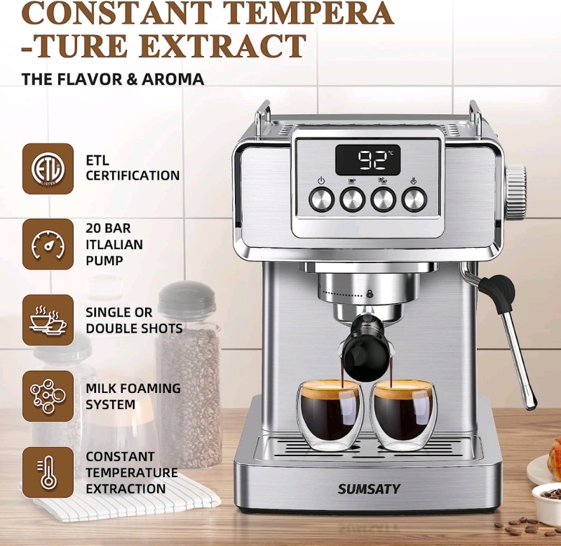 SUMSATY Stainless Steel Espresso Machine with Milk Frother - 1.8L Water Tank, 20 Bar