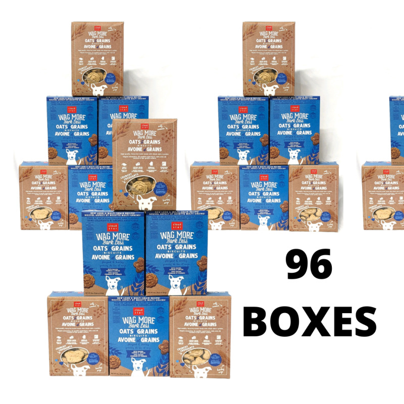 96 New Boxes CLOUD STAR Oats & Grains Dog Biscuits 454g each (BB Aug 2023) With Bacon, Cheddar & Apples