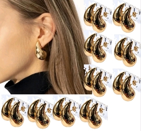10 New Pairs Gold Tone Chunky Teardrop Earrings