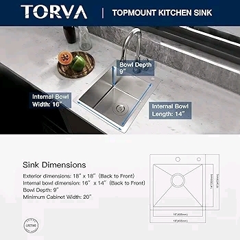 New TORVA 18-Inch Drop-in Kitchen Sink, 16 Gauge Stainless Steel Topmount Single Bowl - 10 Inches Deep Bar/Prep Basin<br/>