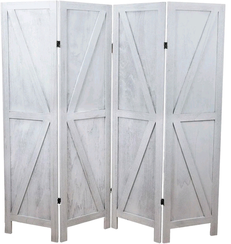 Premium Home 4-Panel Room Divider / Folding Privacy Screen. Distressed Style , White - New