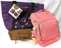 Neat Wicker Picnic Basket-Briefcase l, Rachel Ray Chillout Tote Bag and Cute Pink Lightly Insulated Back Pack