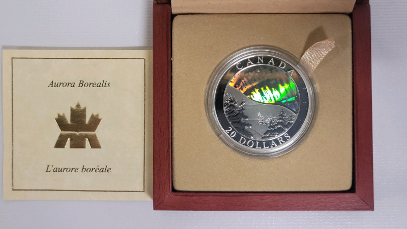 2004 Canadian Fine Silver ' Aurora Borealis ' $20 Twenty Dollar Coin in Case