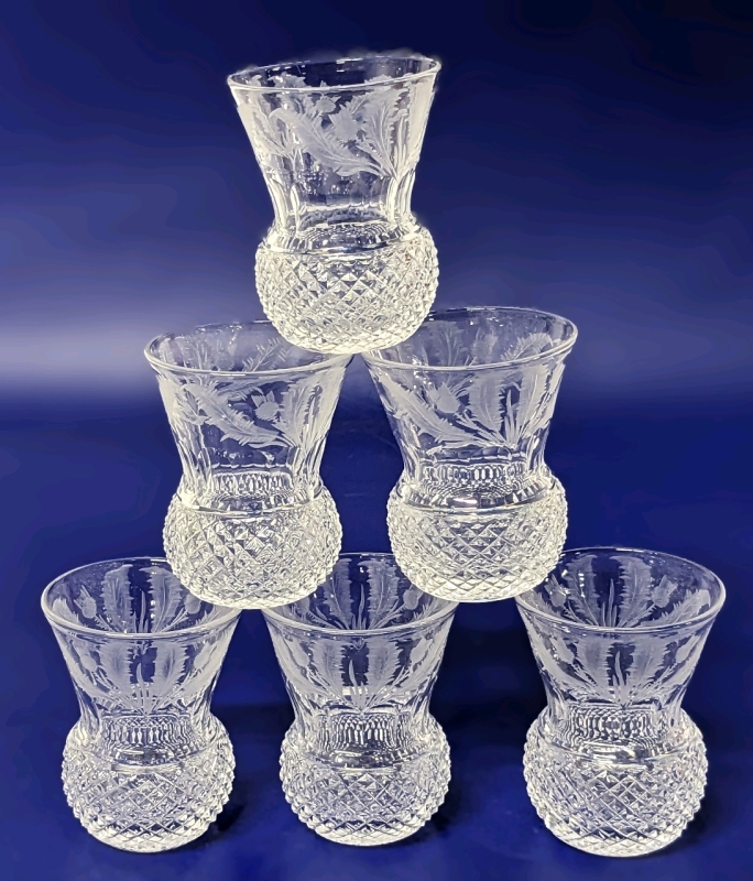 Set of 6 Finely Etched Edinburgh Scotland Thistle Crystal Shot Glasses, 2.25" tall