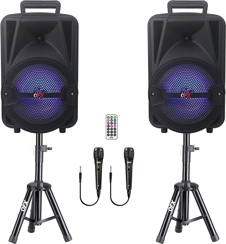 New - QFX PBX-800TWS Rechargeable Portable Bluetooth Speakers w/Stands